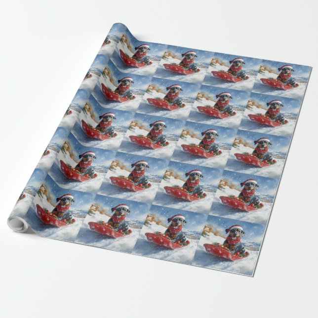 Papel De Presente Cão Doberman em Trenó Deixe Nevar Natal (Desenrolado)
