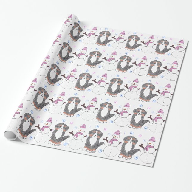 Papel De Presente Cão e boneco de neve de montanha de Bernese (Desenrolado)