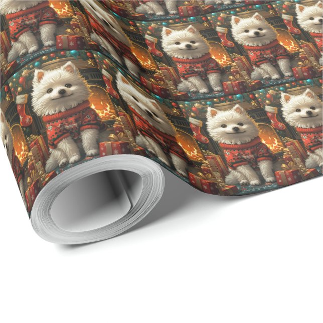 Papel De Presente Cão Esquimó Americano com Presentes de Natal Larei (Ponta do rolo)