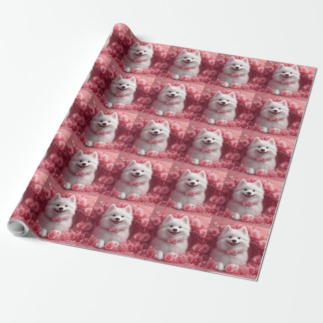 Papel De Presente Cão Esquimó Americano com Rosas - Dia dos Namorado (Desenrolado)