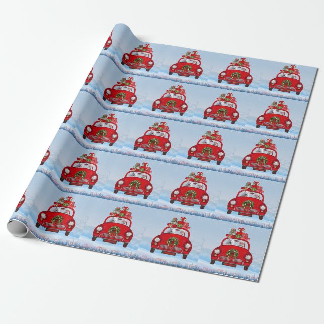 Papel De Presente Cão Esquimó Americano no carro com Papai Noel (Desenrolado)