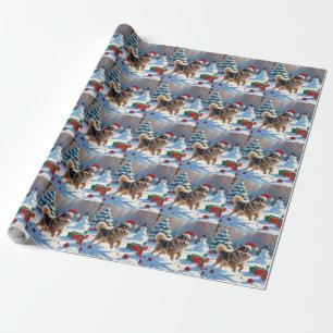 Papel De Presente Cão Finlandês da Lapônia Correndo na Neve com Chap