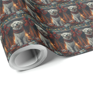 Papel De Presente Cão Great Pyrenees com Presentes de Natal Lareira