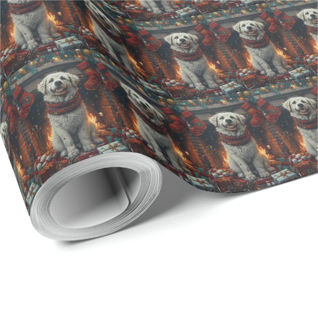 Papel De Presente Cão Great Pyrenees com Presentes de Natal Lareira (Ponta do rolo)