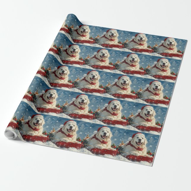 Papel De Presente Cão Great Pyrenees em Trenó Deixe Nevar Natal (Desenrolado)