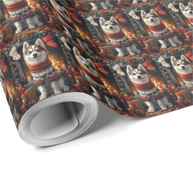 Papel De Presente Cão Husky Siberiano Com Presentes de Natal Lareira (Ponta do rolo)