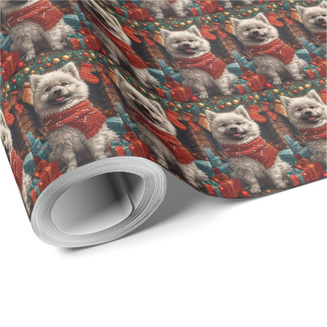 Papel De Presente Cão Keeshond com Presentes de Natal Lareira (Ponta do rolo)