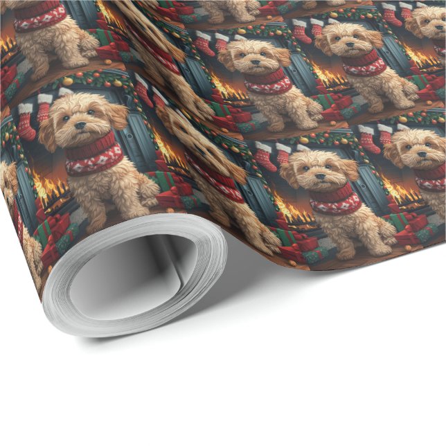 Papel De Presente Cão Lhasa Apso Com Presentes De Natal Lareira (Ponta do rolo)
