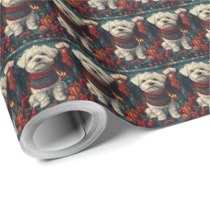 Papel De Presente Cão Maltês com Presentes de Natal Lareira