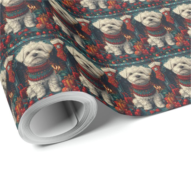 Papel De Presente Cão Maltês com Presentes de Natal Lareira (Ponta do rolo)
