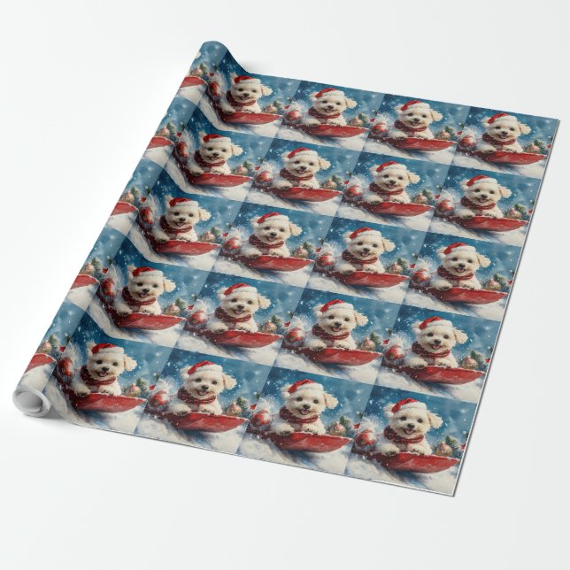 Papel De Presente Cão Maltês no Trenó Deixe Nevar Natal (Desenrolado)