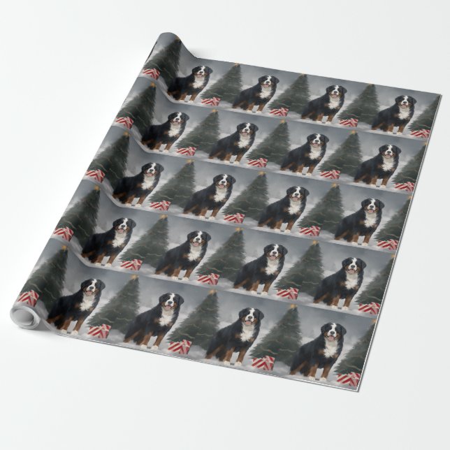 Papel De Presente Cão Montanhês Bernês na Neve Natal (Desenrolado)