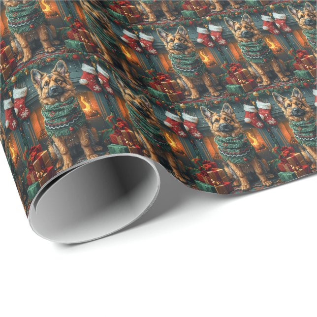 Papel De Presente Cão Pastor Alemão Com Presentes De Natal Lareira (Ponta do rolo)
