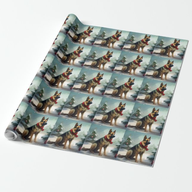 Papel De Presente Cão Pastor Alemão no Natal com Neve (Desenrolado)