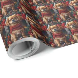 Papel De Presente Cão Pequinês com Presentes de Natal Lareira