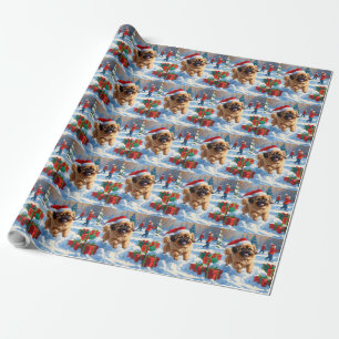 Papel De Presente Cão Pequinês Correndo na Neve com Chapéu de Natal