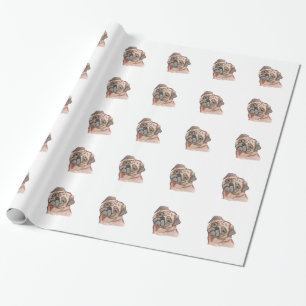 Papel De Presente Cão preto pintado mão bonito do Pug da aguarela