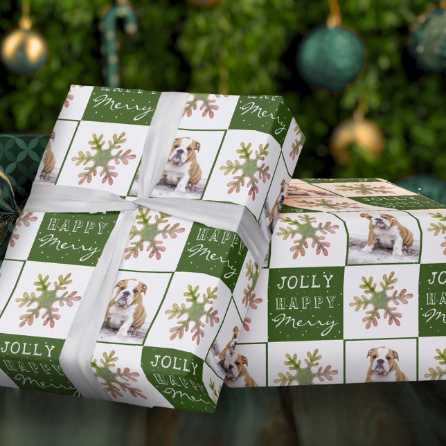 Papel De Presente Cão Puppy Pet Foto Snowflake Natal Verde (Criador carregado)