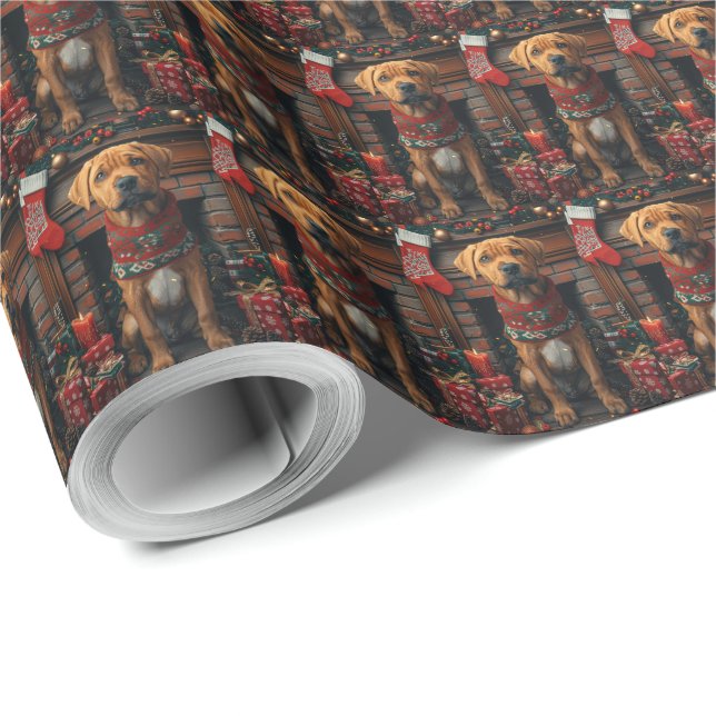 Papel De Presente Cão Rhodesian Ridgeback Com Presentes de Natal  (Ponta do rolo)