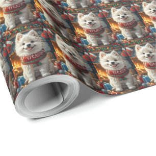 Papel De Presente Cão Samoyed Com Presentes De Natal Lareira
