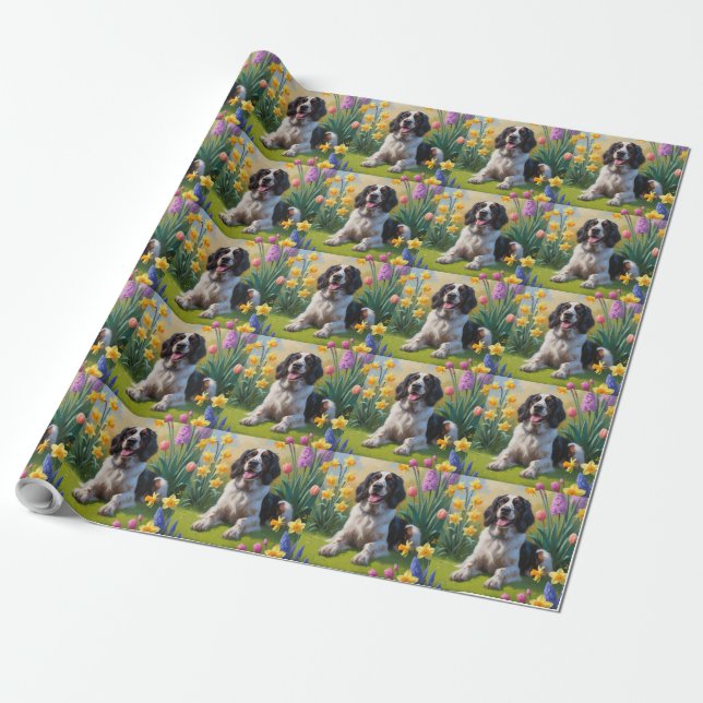Papel De Presente Cão Setter Inglês Pintura de Flores de Primavera (Desenrolado)