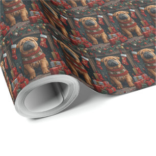 Papel De Presente Cão Shar Pei Com Presentes de Natal Lareira