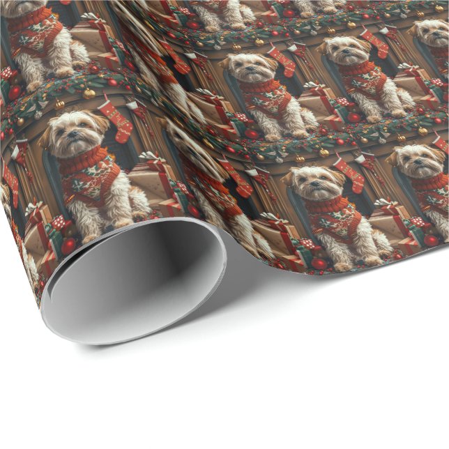 Papel De Presente Cão Shih Tzu Com Presentes de Natal Lareira (Ponta do rolo)