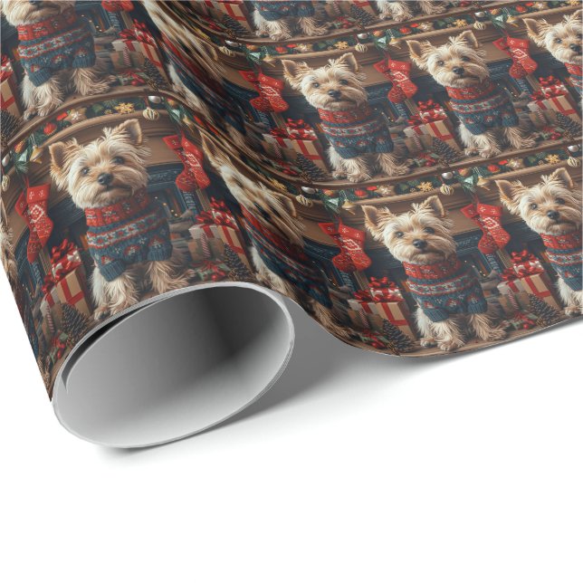 Papel De Presente Cão Terrier Skye com Presentes de Natal na Lareira (Ponta do rolo)