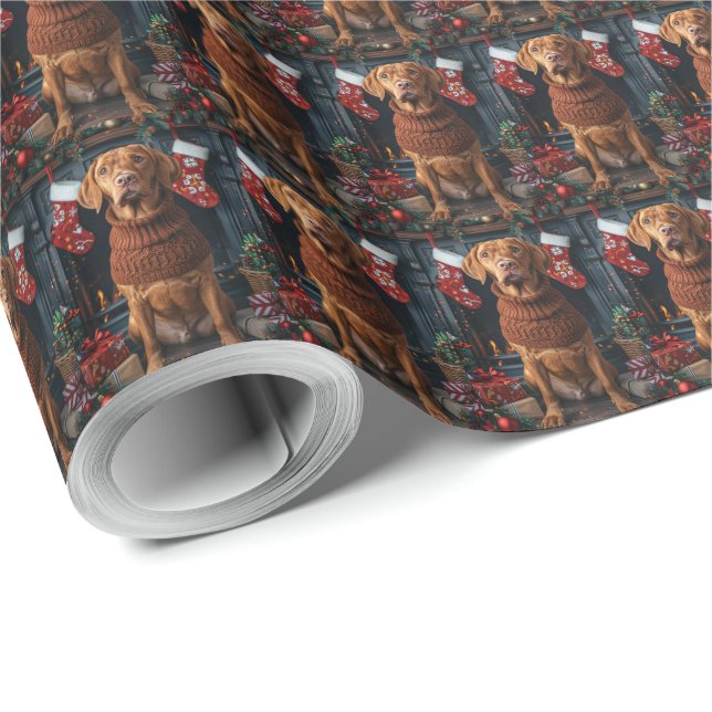 Papel De Presente Cão Vizsla com Presentes de Natal Lareira (Ponta do rolo)
