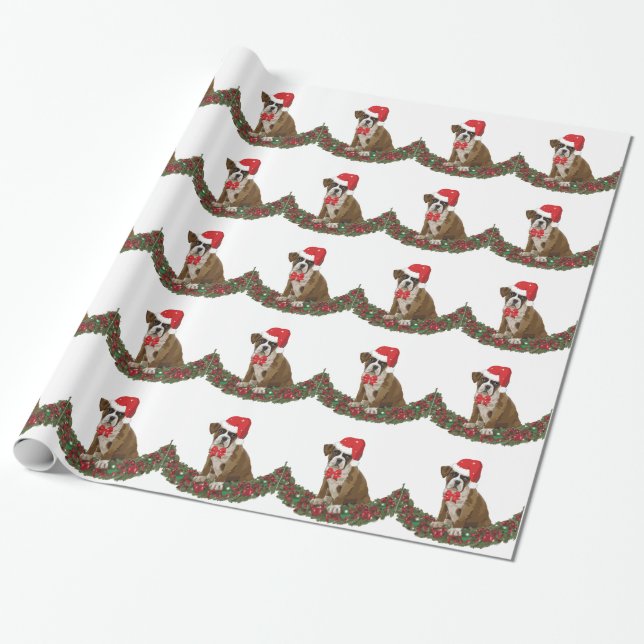 Papel De Presente Cão Xmas Boxer Santa Hat Festivo Garland (Desenrolado)