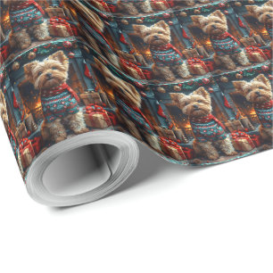 Papel De Presente Cão Yorkipoo com Presentes de Natal Lareira