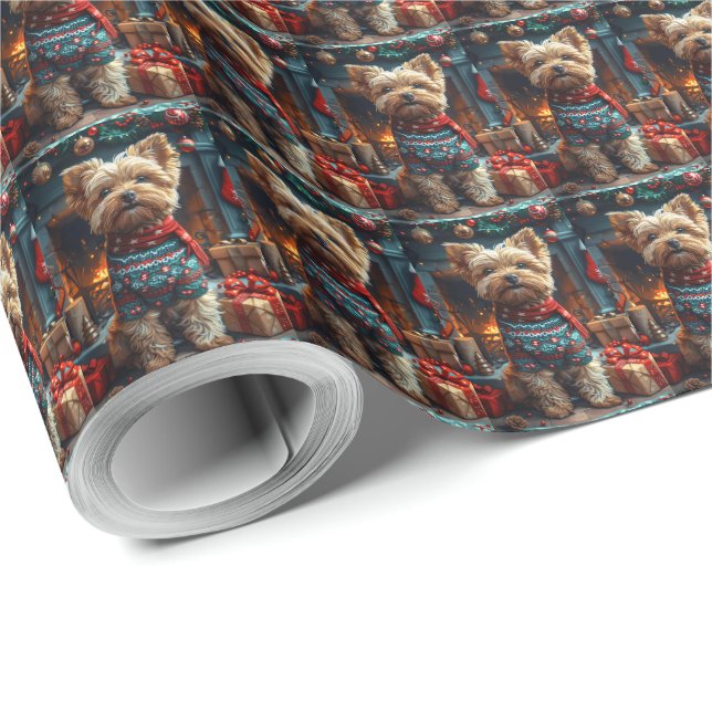Papel De Presente Cão Yorkipoo com Presentes de Natal Lareira (Ponta do rolo)
