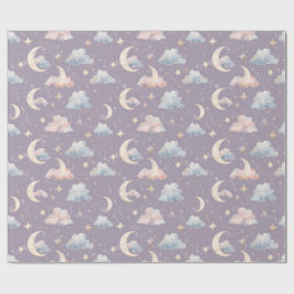 Papel De Presente Caprichoso Aquarela Celestial Lua Estrelas Nuvens