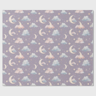 Papel De Presente Caprichoso Aquarela Celestial Lua Estrelas Nuvens