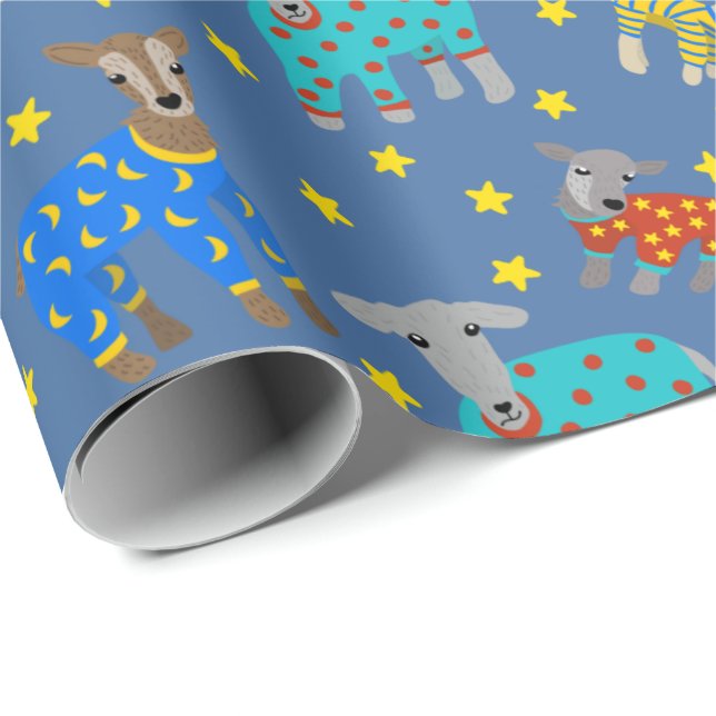 Papel De Presente Caprinos em pijama com estrelas padrão azul (Ponta do rolo)