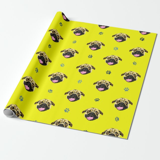 Papel de Presente Cara Engraçada de Pug Amarelo (Desenrolado)