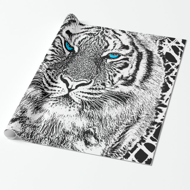 Papel De Presente Cara selvagem do tigre dos olhos azuis preto e (Desenrolado)