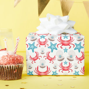 Papel De Presente Caranguejo e Padrão de Shell Azul-Cinto Costeiro