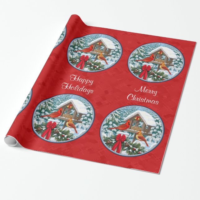 Papel De Presente Cardeais Alimentador de Natal Vermelho (Desenrolado)