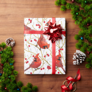 Papel De Presente Cardeais Neves + Winterberry Natal Branco
