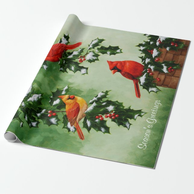 Papel De Presente Cardeais Vermelhos e Folhas de Azevinho (Desenrolado)
