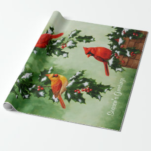 Papel De Presente Cardeais vermelhos e folhas de Holly