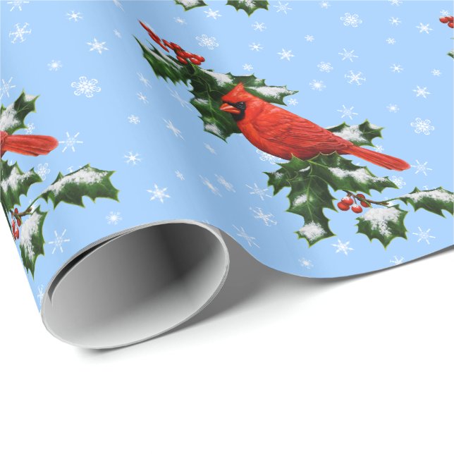 Papel De Presente Cardeal e Holly Snowflakes (Ponta do rolo)