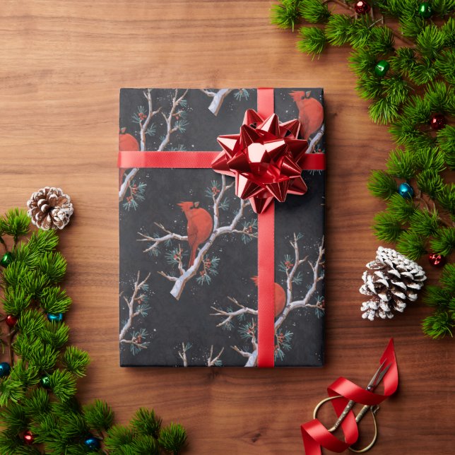 Papel De Presente Cardeal Vermelho com Berries Vermelhos de inverno (Presente de Natal)
