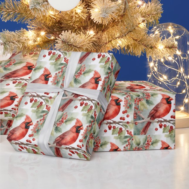 Papel De Presente Cardeal Vermelho e Berries, a aquarela natalina (Feriados)