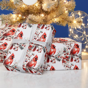 Papel De Presente Cardeal Vermelho Watercolor no Berry Branch