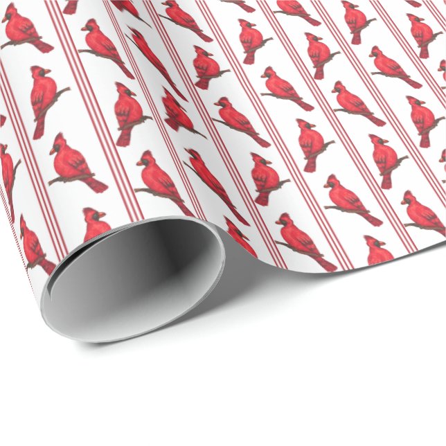 Papel De Presente Cardinal Bird Stripes Wrapping Paper (Ponta do rolo)