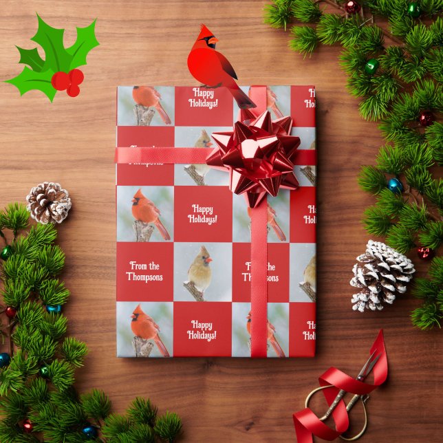 Papel De Presente Cardinal Birds Personalizado - Natal vermelho (Beautiful cardinal birds "happy holidays" wrapping paper for you to personalize!)