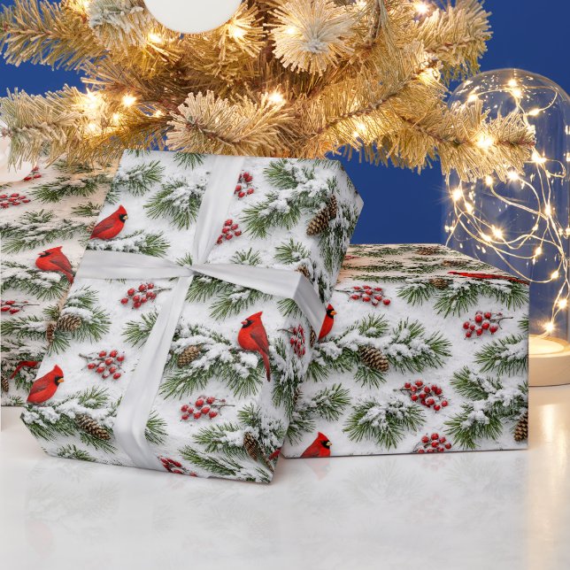 Papel De Presente Cardinal Vermelho de Natal Neve Sempreverde (Feriados)
