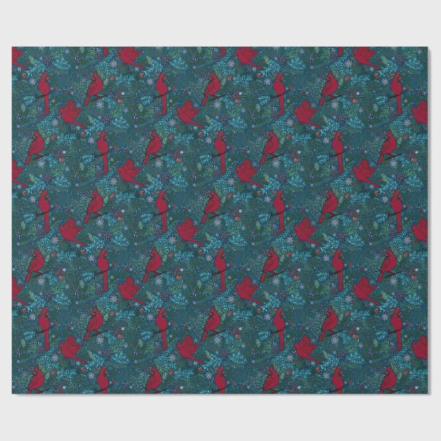 Papel De Presente Cardinhas e coníferas, hábitos de férias de invern (Aberto)